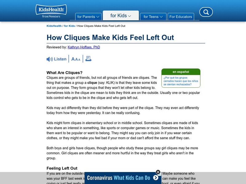 Kids Health: How Cliques Make Kids Feel Left Out Article Kids Health: How Cliques Make Kids Feel Left Out Article
