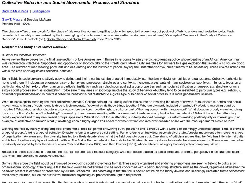 Mit: Collective Behavior and Social Movements: Process and Structure Handout Mit: Collective Behavior and Social Movements: Process and Structure Handout