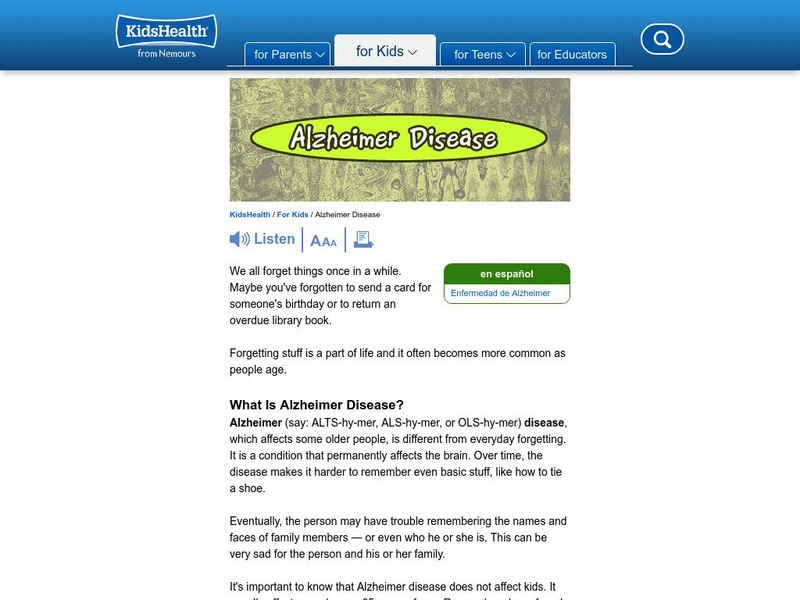 Kids Health: Alzheimer's Disease Handout Kids Health: Alzheimer's Disease Handout