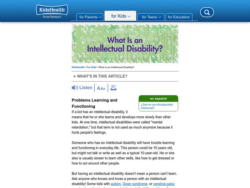 Kids Health: Intellectual Disability Article Kids Health: Intellectual Disability Article