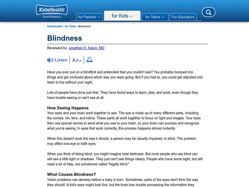 Kids Health: What's Visual Impairment Handout Kids Health: What's Visual Impairment Handout
