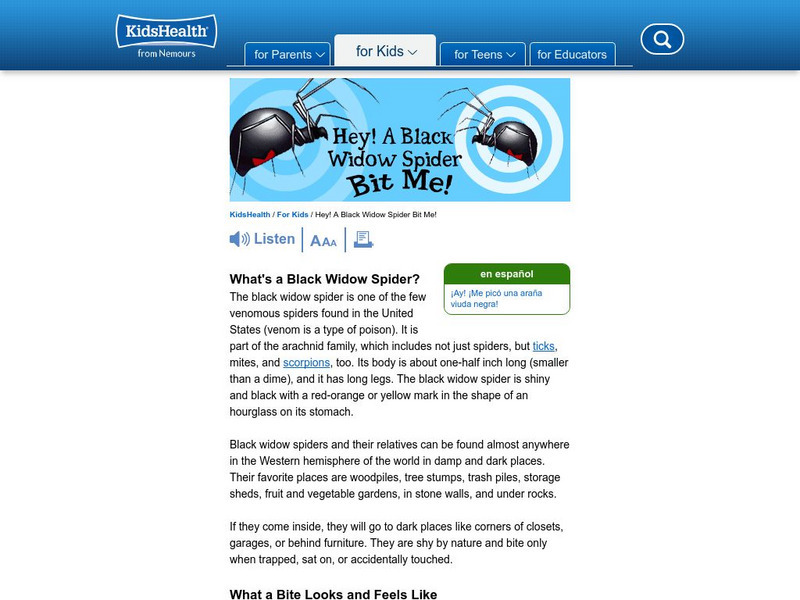 Kids Health: Hey! A Black Widow Spider Bit Me Handout