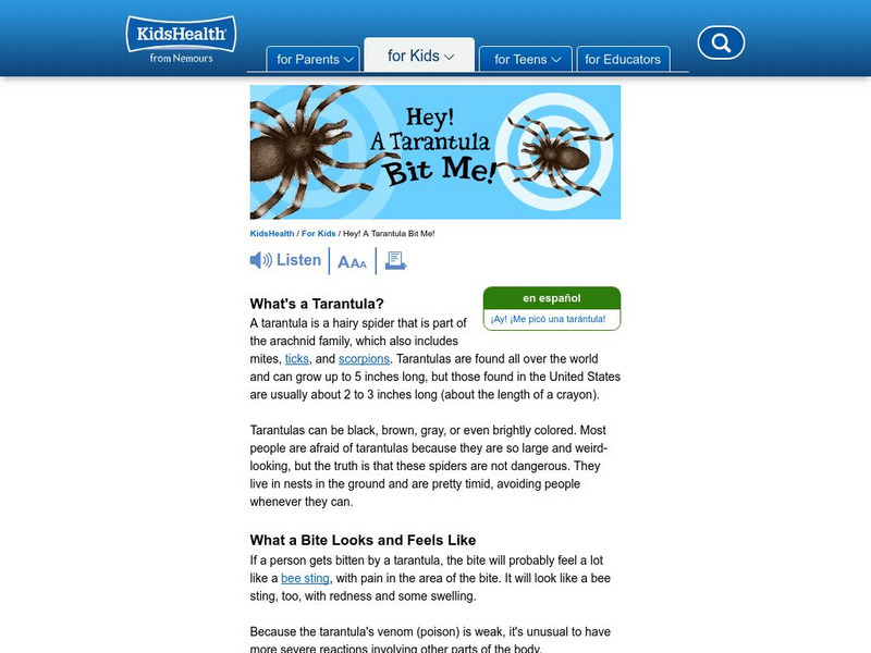 Kids Health: Hey! A Tarantula Bit Me! Handout Kids Health: Hey! A Tarantula Bit Me! Handout