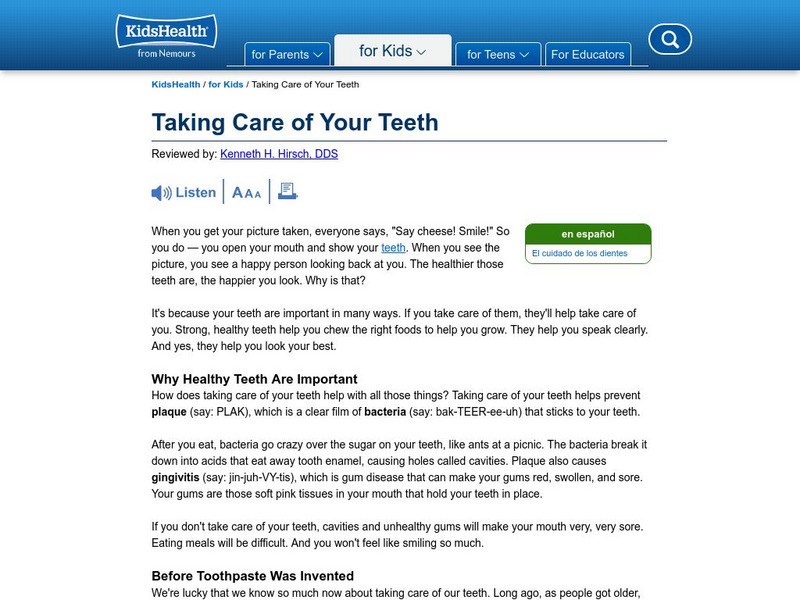 Kids Health: Taking Care of Teeth Article Kids Health: Taking Care of Teeth Article