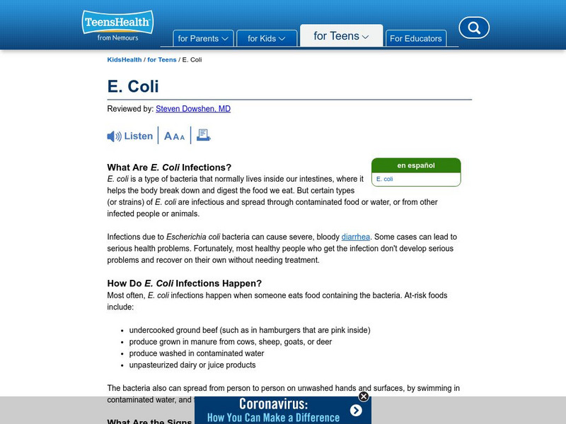 Kids Health: E. Coli Handout Kids Health: E. Coli Handout