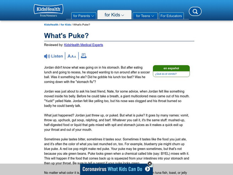 Kids Health: What Is Puke? Handout Kids Health: What Is Puke? Handout