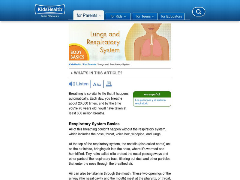 Kids Health: Lungs and Respiratory System Handout Kids Health: Lungs and Respiratory System Handout