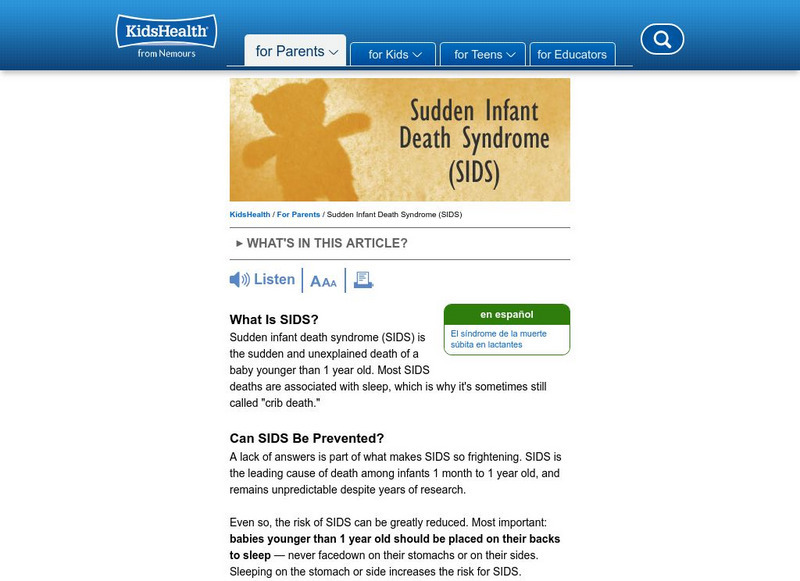 Kids Health: Sudden Infant Death Syndrome (Sids) Handout Kids Health: Sudden Infant Death Syndrome (Sids) Handout