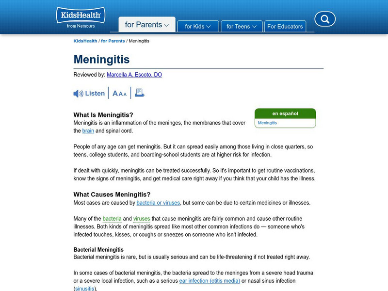 Kids Health: Meningitis Handout Kids Health: Meningitis Handout