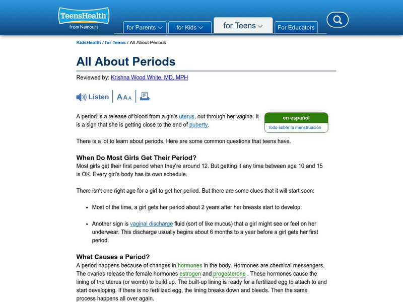 Kids Health: All About Menstruation Article Kids Health: All About Menstruation Article