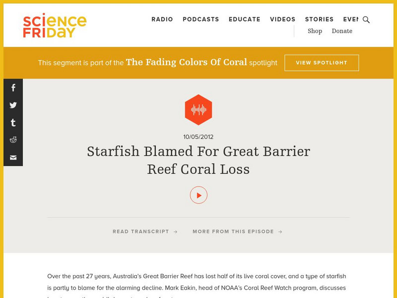 Science Friday: Starfish Blamed for Great Barrier Reef Coral Loss Audio
