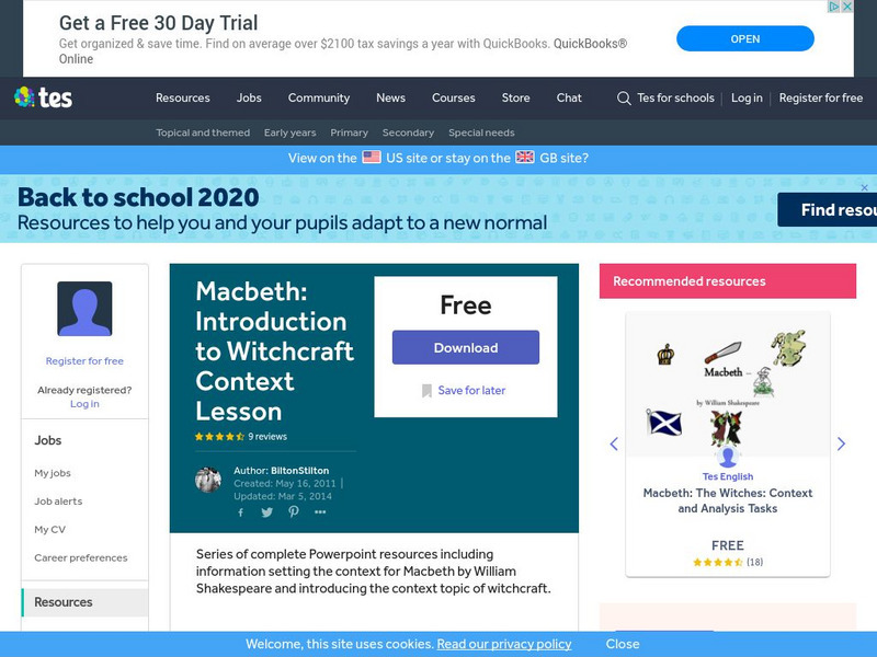Tes: Macbeth: Introduction to Witchcraft Context Lesson Lesson Plan