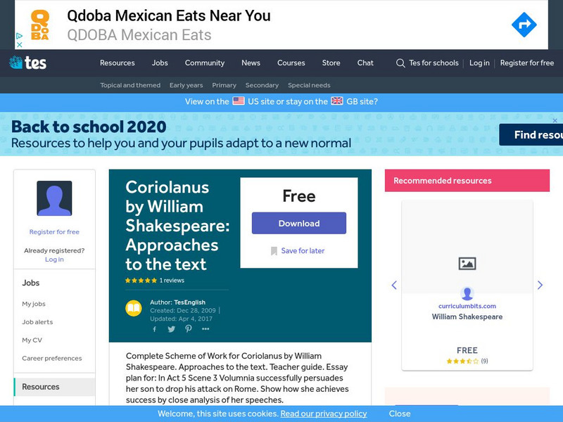 Tes: Coriolanus by William Shakespeare: Approaches to the Text Lesson Plan Tes: Coriolanus by William Shakespeare: Approaches to the Text Lesson Plan