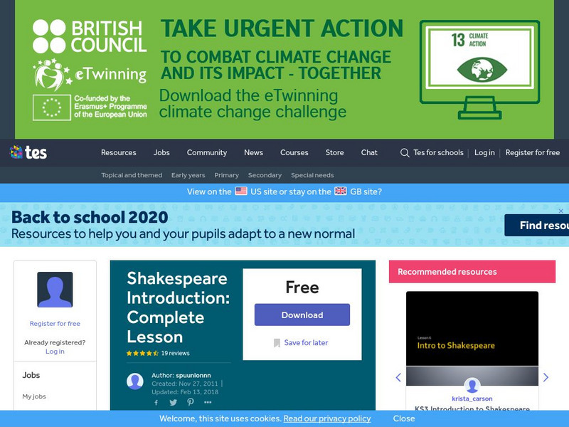Tes: Teaching Shakespeare: Shakespeare Introduction: Complete Lesson Unit Plan Tes: Teaching Shakespeare: Shakespeare Introduction: Complete Lesson Unit Plan