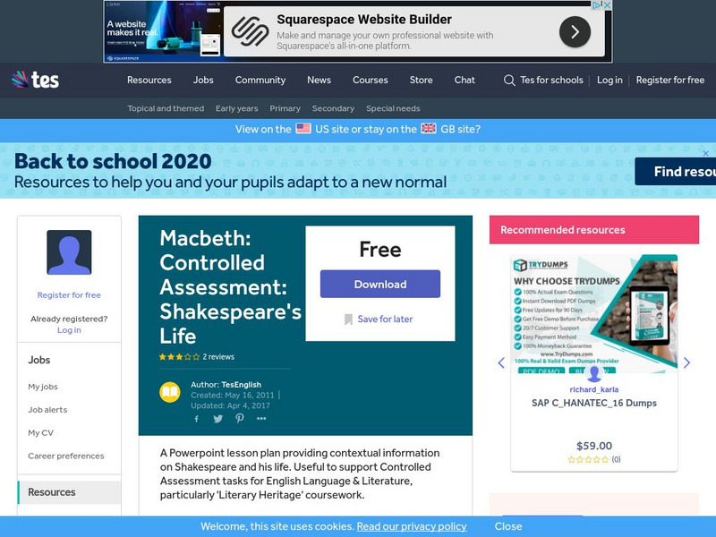 Tes: Macbeth: Controlled Assessment: Shakespeare's Life Unit Plan Tes: Macbeth: Controlled Assessment: Shakespeare's Life Unit Plan