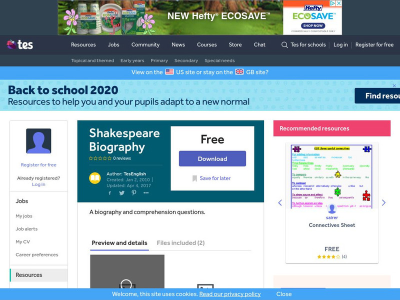 Tes: Teaching Shakespeare: Shakespeare Biography Unit Plan Tes: Teaching Shakespeare: Shakespeare Biography Unit Plan