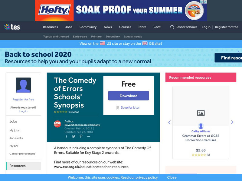 Tes: The Comedy of Errors Schools' Synopsis by Rebecca Lenkiewicz Article