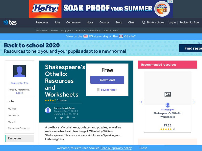 Tes: Shakespeare's Othello: Resources and Worksheets Unit Plan
