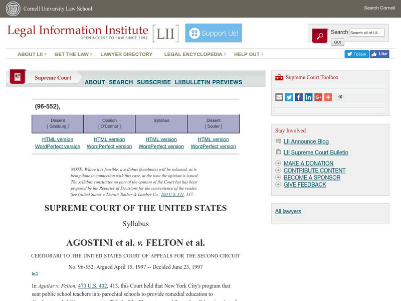 Cornell University: Law School: Agostini v. Felton (1997) Primary Cornell University: Law School: Agostini v. Felton (1997) Primary