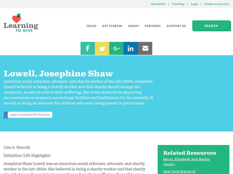 Learning to Give: Josephine Shaw Lowell Handout Learning to Give: Josephine Shaw Lowell Handout