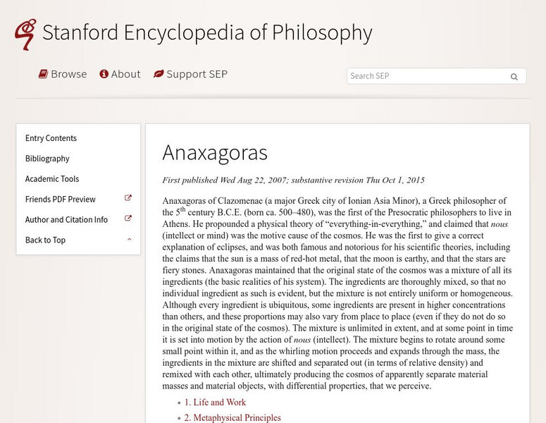 Stanford Encyclopedia of Philosophy: Anaxagoras Handout