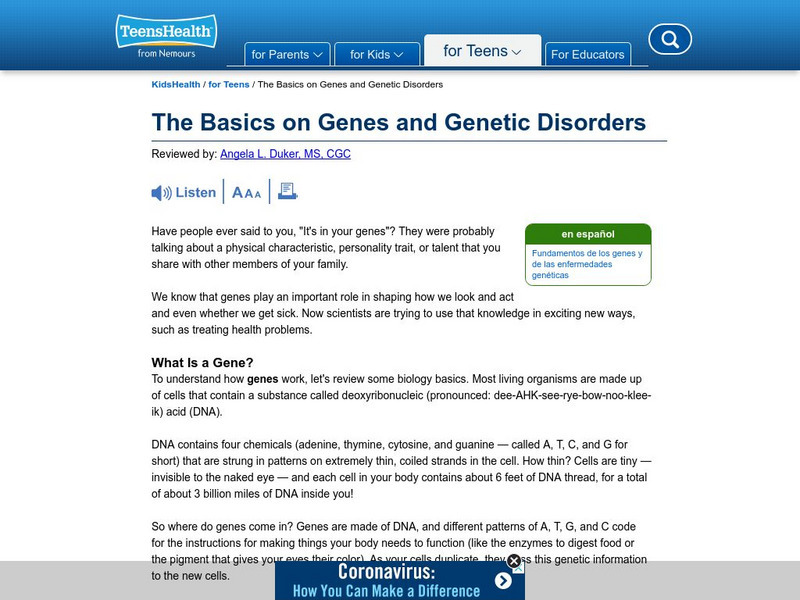Kids Health: The Basics on Genes and Genetic Disorders Article Kids Health: The Basics on Genes and Genetic Disorders Article