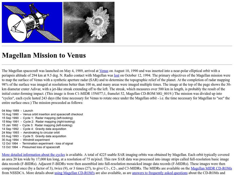 Nasa Space Science Data Archive: Magellan Mission to Venus Handout Nasa Space Science Data Archive: Magellan Mission to Venus Handout