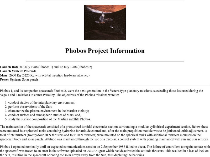 Nasa Space Science Data Archive: Phobos Project Handout Nasa Space Science Data Archive: Phobos Project Handout