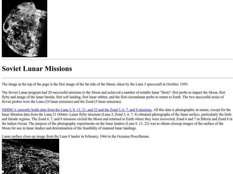 Nasa Space Science Data Archive: Russian Lunar Missions Website Nasa Space Science Data Archive: Russian Lunar Missions Website