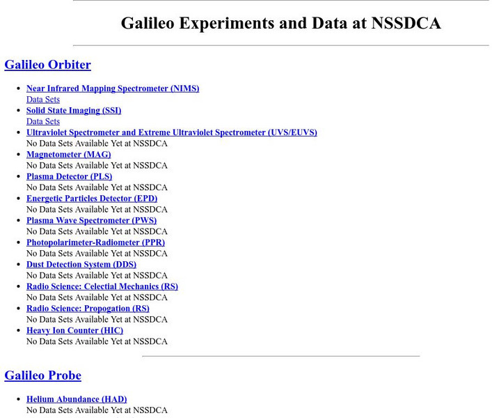 Nasa Space Science Data Archive: Galileo Experiments and Data at Nssdc Website