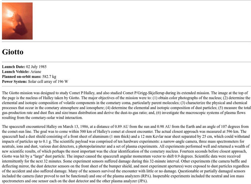 Nasa Space Science Data Archive: Giotto Mission Handout Nasa Space Science Data Archive: Giotto Mission Handout
