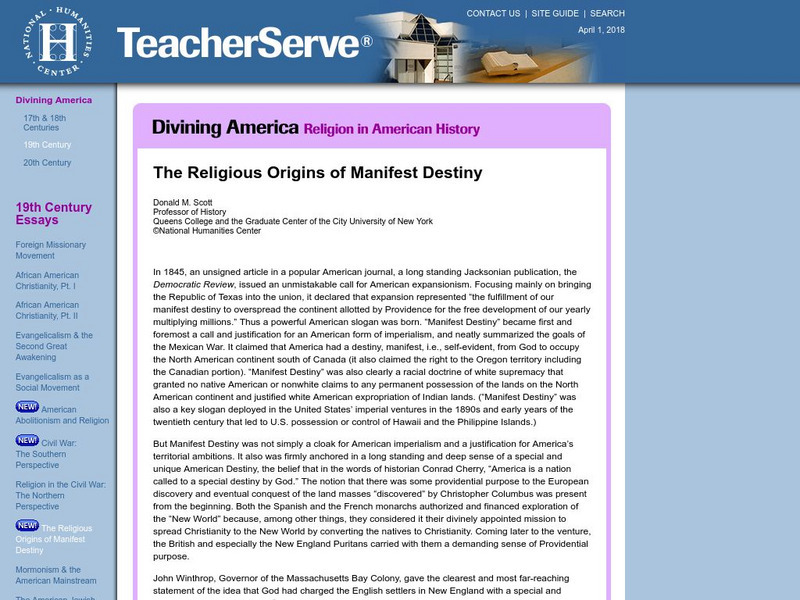 National Humanities Center: Teacher Serve: The Religious Origins of Manifest Destiny Article National Humanities Center: Teacher Serve: The Religious Origins of Manifest Destiny Article