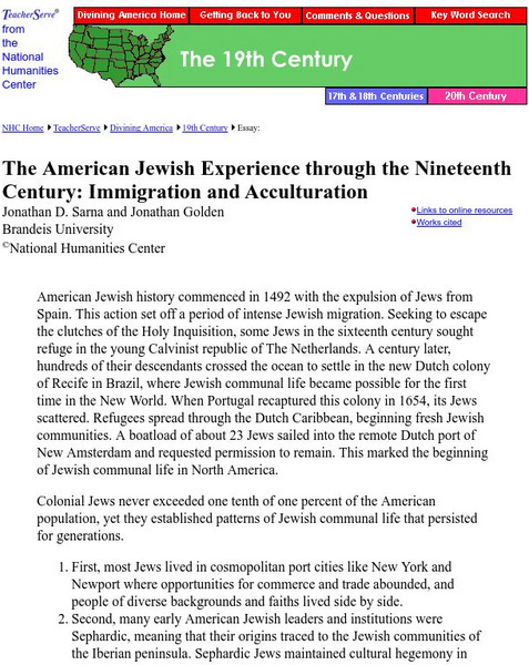 National Humanities Center: Teacher Serve: The American Jewish Experience Through the Nineteenth Century Article National Humanities Center: Teacher Serve: The American Jewish Experience Through the Nineteenth Century Article