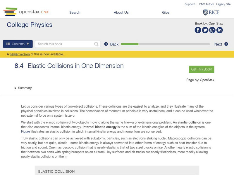 Open Stax: Elastic Collisions in One Dimension eBook Open Stax: Elastic Collisions in One Dimension eBook