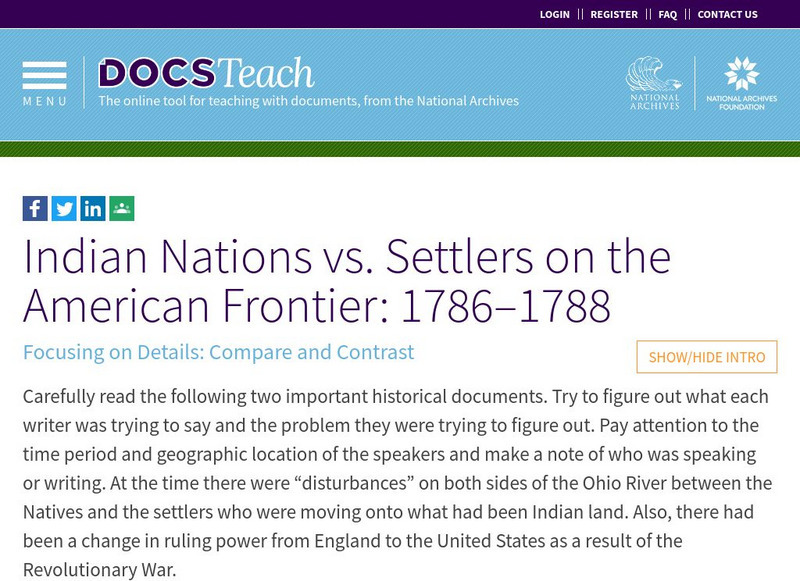 Docsteach: Indian Nations vs. Settlers on the American Frontier: 1786 1788 Lesson Plan Docsteach: Indian Nations vs. Settlers on the American Frontier: 1786 1788 Lesson Plan