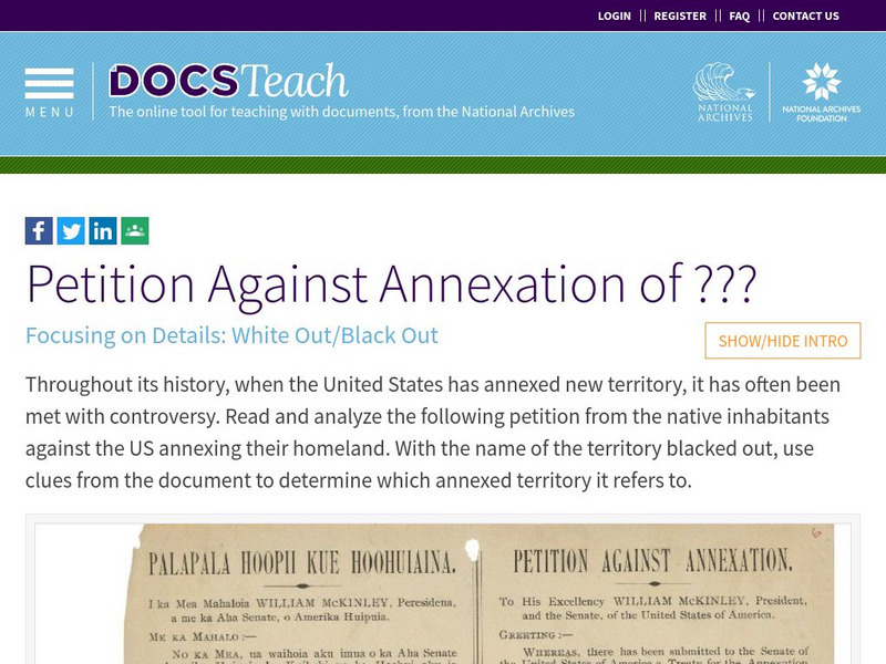 Docsteach: Petition Against Annexation of Hawaii Lesson Plan Docsteach: Petition Against Annexation of Hawaii Lesson Plan