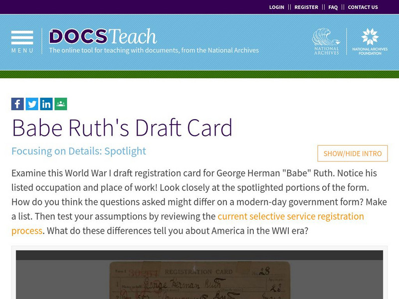 Docsteach: Wwi America: Babe Ruth's Draft Card Lesson Plan Docsteach: Wwi America: Babe Ruth's Draft Card Lesson Plan