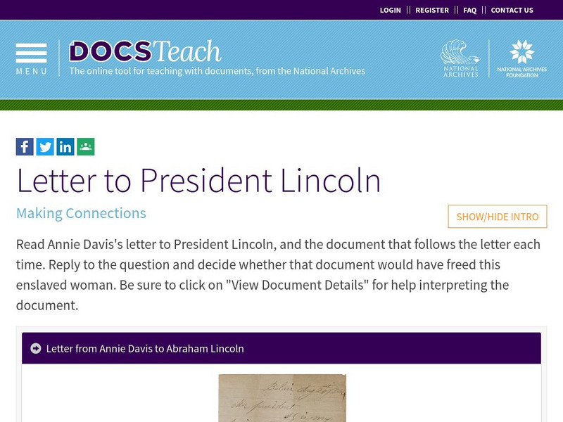 Docsteach: Letter to President Abraham Lincoln From Annie Davis Lesson Plan Docsteach: Letter to President Abraham Lincoln From Annie Davis Lesson Plan