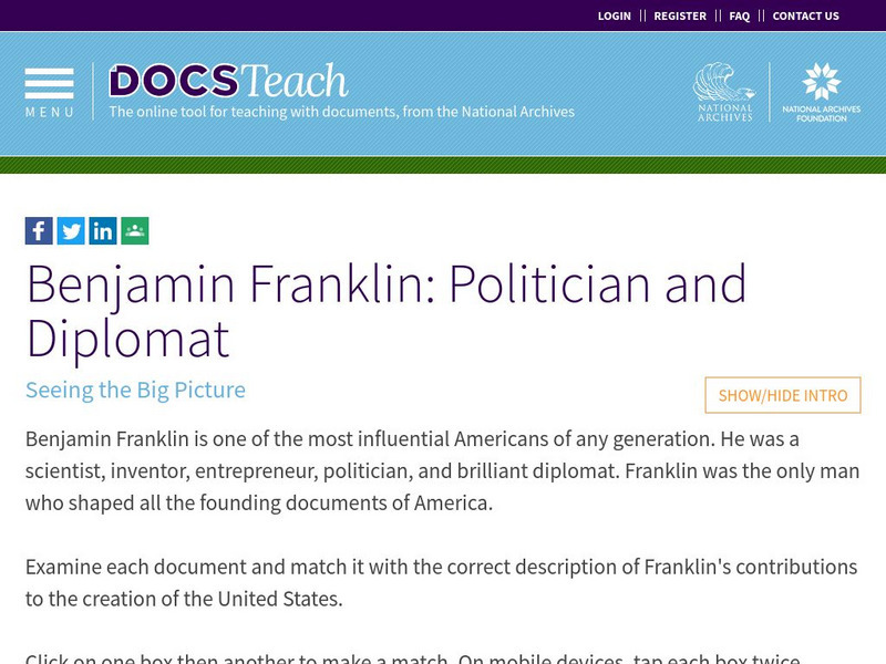 Docsteach: Benjamin Franklin: Politician and Diplomat Lesson Plan Docsteach: Benjamin Franklin: Politician and Diplomat Lesson Plan