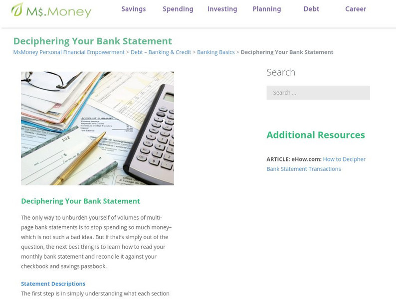 Ms Money: Deciphering Your Bank Statement Handout Ms Money: Deciphering Your Bank Statement Handout