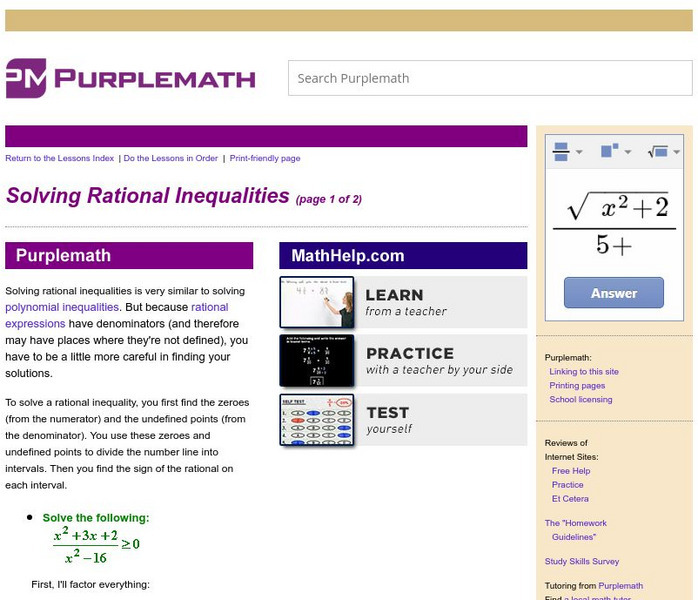 Purplemath: Solving Rational Inequalities Handout Purplemath: Solving Rational Inequalities Handout