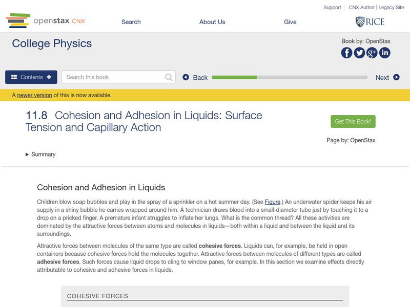 Open Stax: Cohesion and Adhesion in Liquids: Surface Tension and Capillary Action eBook Open Stax: Cohesion and Adhesion in Liquids: Surface Tension and Capillary Action eBook