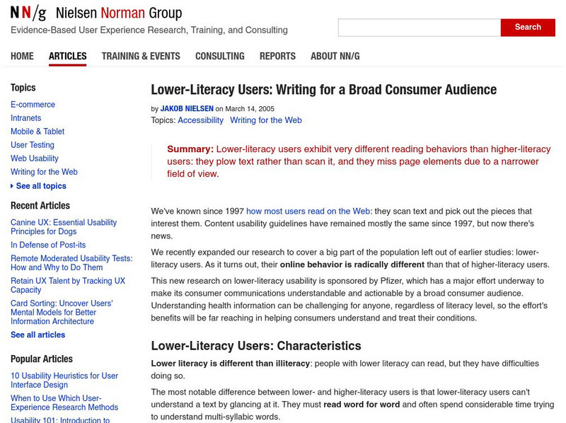 Nielsen Norman Group: Low Literacy Users: Writing for a Broad Consumer Audience Article