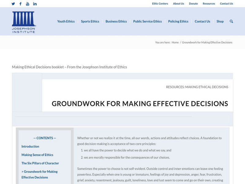 Joseph Institute: Groundwork for Making Effective Decisions Website