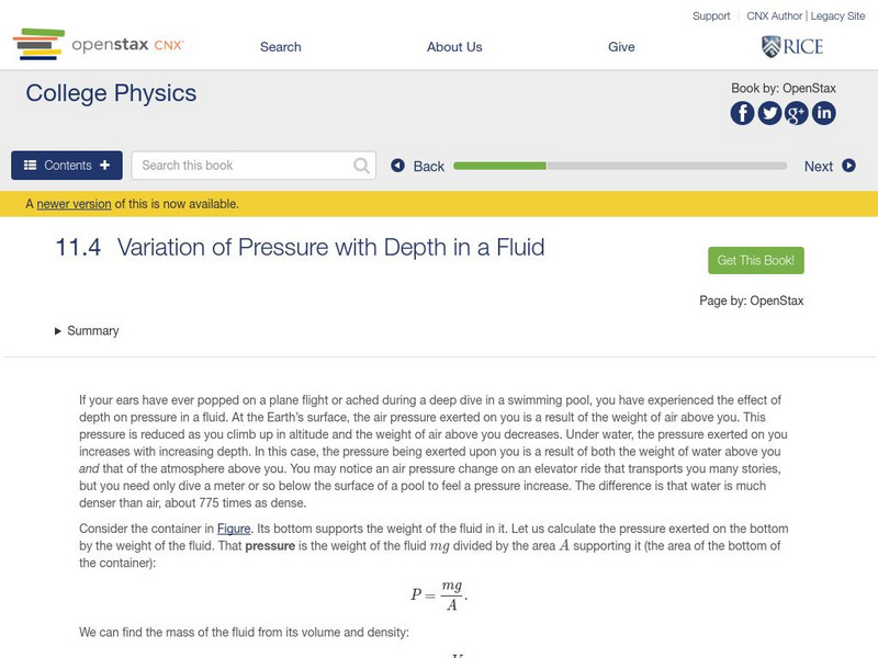 Open Stax: Variation of Pressure With Depth in a Fluid eBook