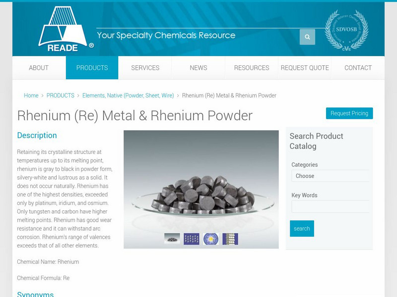 Reade International Corp.: Rhenium (Re) Metal & Rhenium Powder Handout Reade International Corp.: Rhenium (Re) Metal & Rhenium Powder Handout