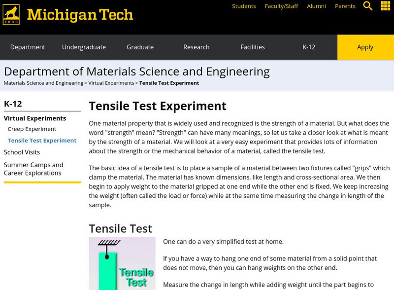 Michigan Tech: Materials Science and Engineering: Tensile Test Experiment Activity