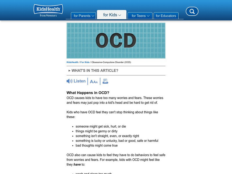 Kids Health: Obsessive Compulsive Disorder Article Kids Health: Obsessive Compulsive Disorder Article