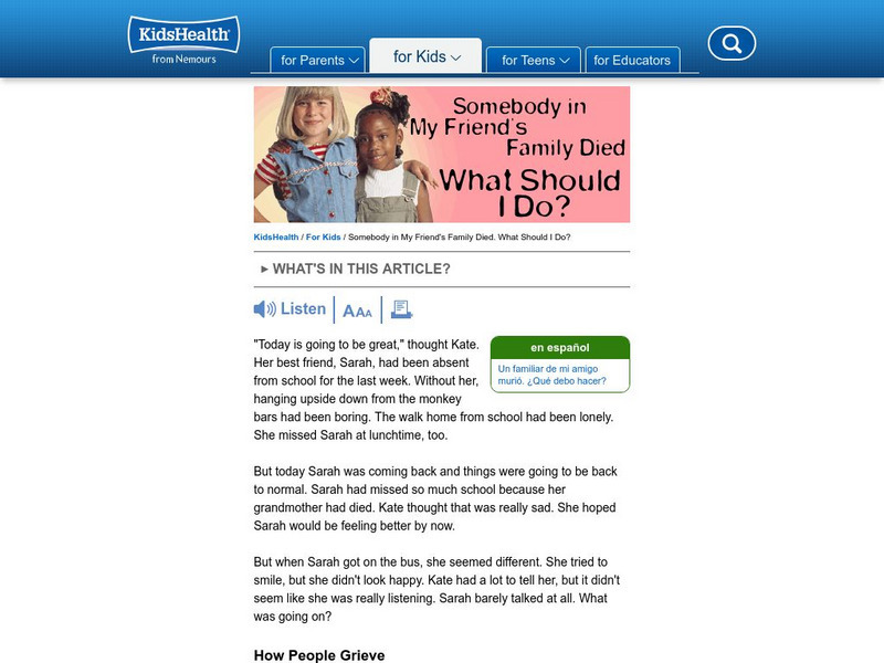 Kids Health: Somebody in My Friend's Family Died, What Should I Do? Article Kids Health: Somebody in My Friend's Family Died, What Should I Do? Article
