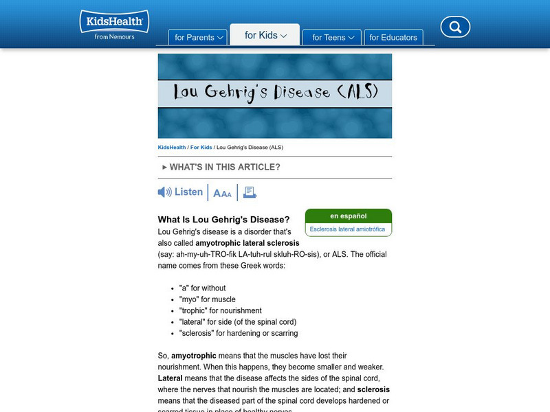 Kids Health: Lou Gehrig's Disease Handout
